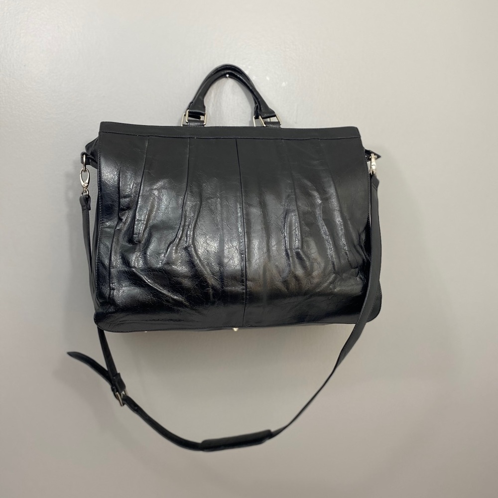 Black Leather Structured Top-Handle Shoulder Bag